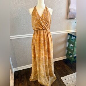 Gianni Bini Satin Halter Maxi Dress M Orange Geometric Boho Resort Airy 70s Vibe